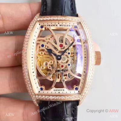 Franck Muller Skeleton 7 Days Power Reserve Black Leather Diamond Copy Watch